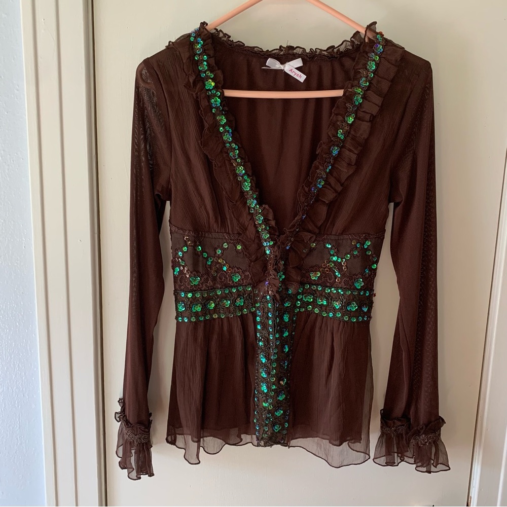 Aryeh Womens large feminine brown cover top with ruffles and blue green accents.
